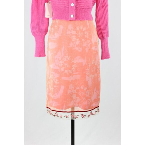 REBECCA TAYLOR Pink Floral Silk Chiffon Beaded Embroidered Pencil Skirt Size XXS - Picture 2 of 12